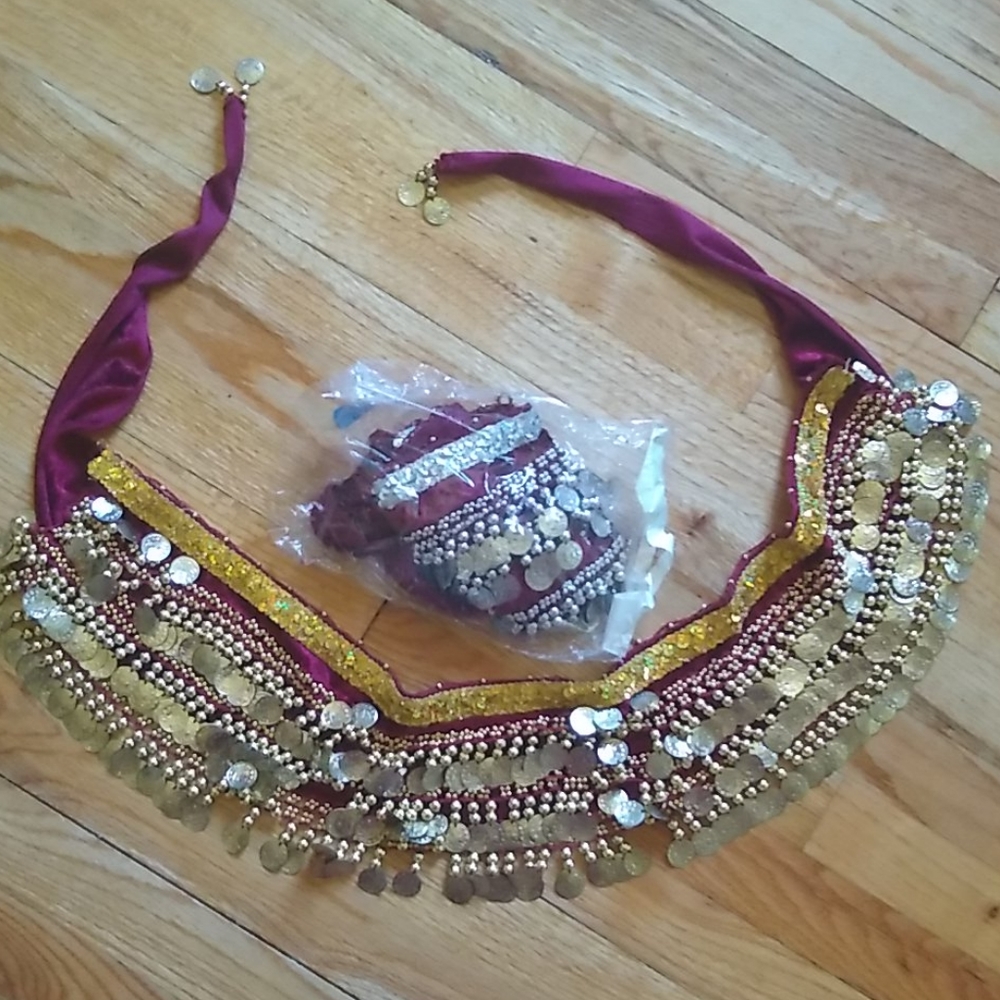 Burgundy velvet silver coin belly dance Hipscarf